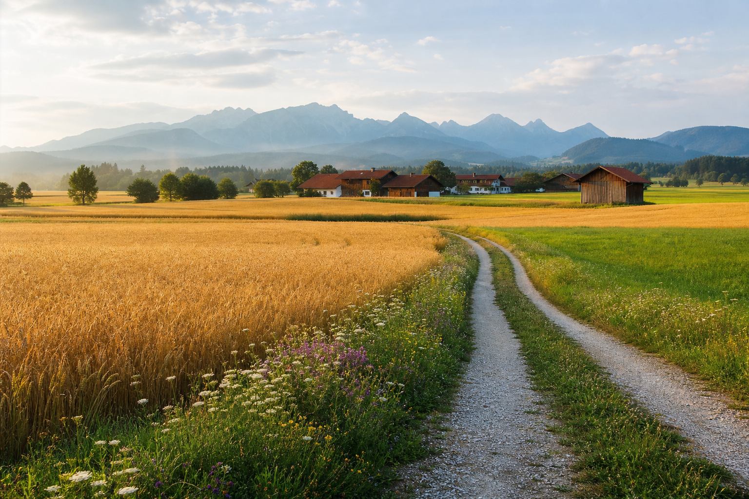 Goldene Felder mit blauen Bergschatten am Horizont in Süddeutschland